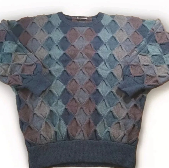 Pure New Wool Sweater Men Lg XL 3D Diamond Knit Eclectic Grandpa Retro Vtg - Picture 10 of 10